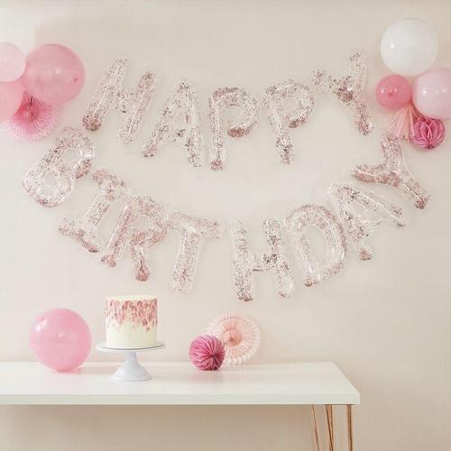 Rose Gold Confetti Happy Birthday Balloon Banner - Cypress Sweets
